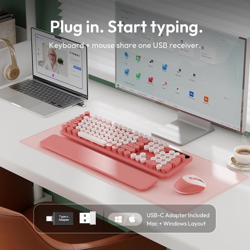 Trueque Wireless Keyboard and Mouse Combo, Typewriter Keyboard with Detachable Wrist Rest, Full-Size Retro Round Keycaps, Smart-Sleep, 2.4GHz Stable Connection for Mac/Windows/PC, (Blush Pink) - Image 4